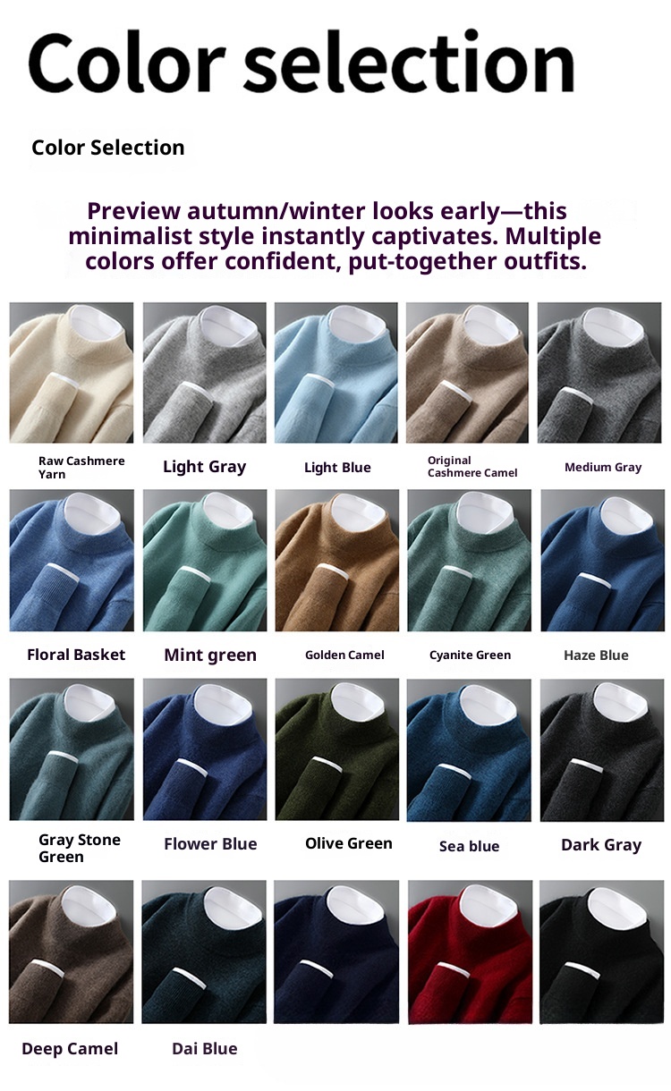 boy Boy Boy Autumn Winter New 100% Pure Wool Men's Half Turtleneck Knitted Pullover Casual Loose Base Cashmere Sweater_voghion.com