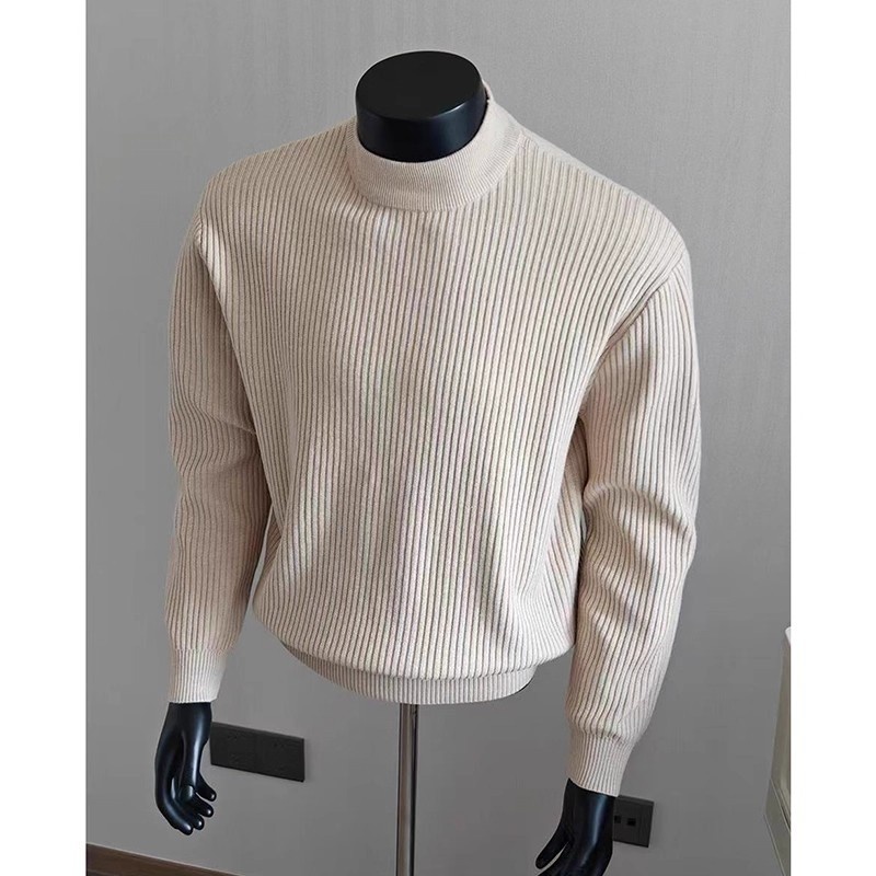 boy Boy Boy White Ribbed Half Turtleneck Sweater For Men, Autumn Winter, Lazy High-End Feel, Cleanfit American Style, Regular_voghion.com