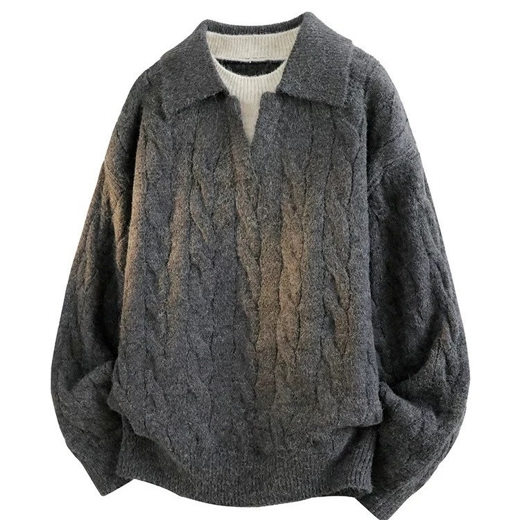 Maglione pullover in maglia a trecce con colletto rovesciato, da uomo, in due pezzi, stile pigro, con scollo a V, per autunno e inverno_voghion.com