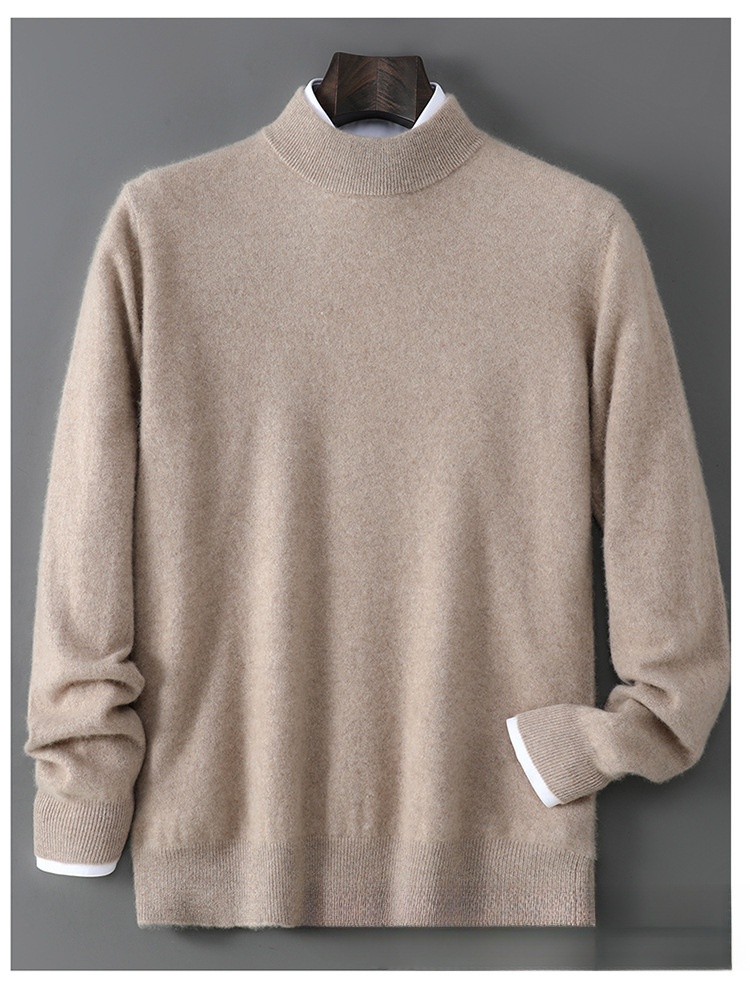 boy Boy Boy Autumn Winter New 100% Pure Wool Men's Half Turtleneck Knitted Pullover Casual Loose Base Cashmere Sweater_voghion.com