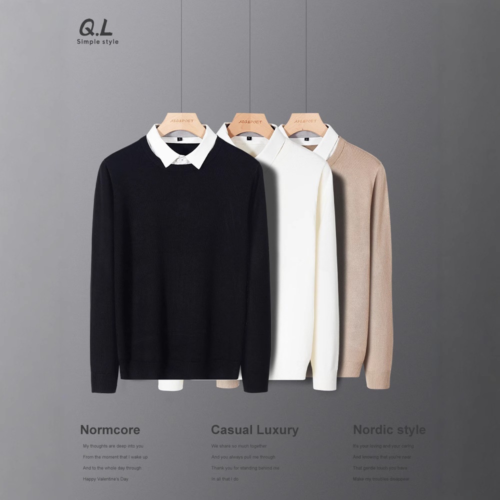 boy Boy Boy Two-Piece Kitted Autum Witer Custom Prited Shirt Collar Me's Ier Wear High-Ed Feel Top Base Sweater_voghion.com