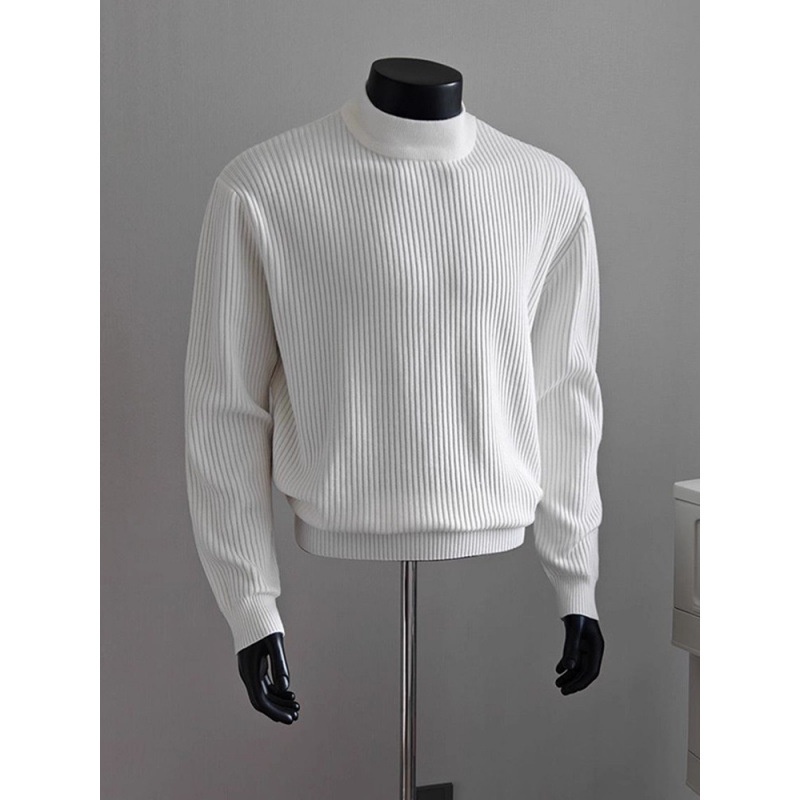 boy Boy Boy White Ribbed Half Turtleneck Sweater For Men, Autumn Winter, Lazy High-End Feel, Cleanfit American Style, Regular_voghion.com