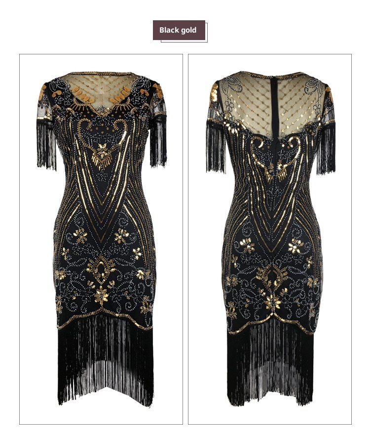 ChicShe 1920S Retro Ball Gown With Embroidery And Tassels, Cocktail Party Plus Size Sequin Beaded Mesh Dress_voghion.com