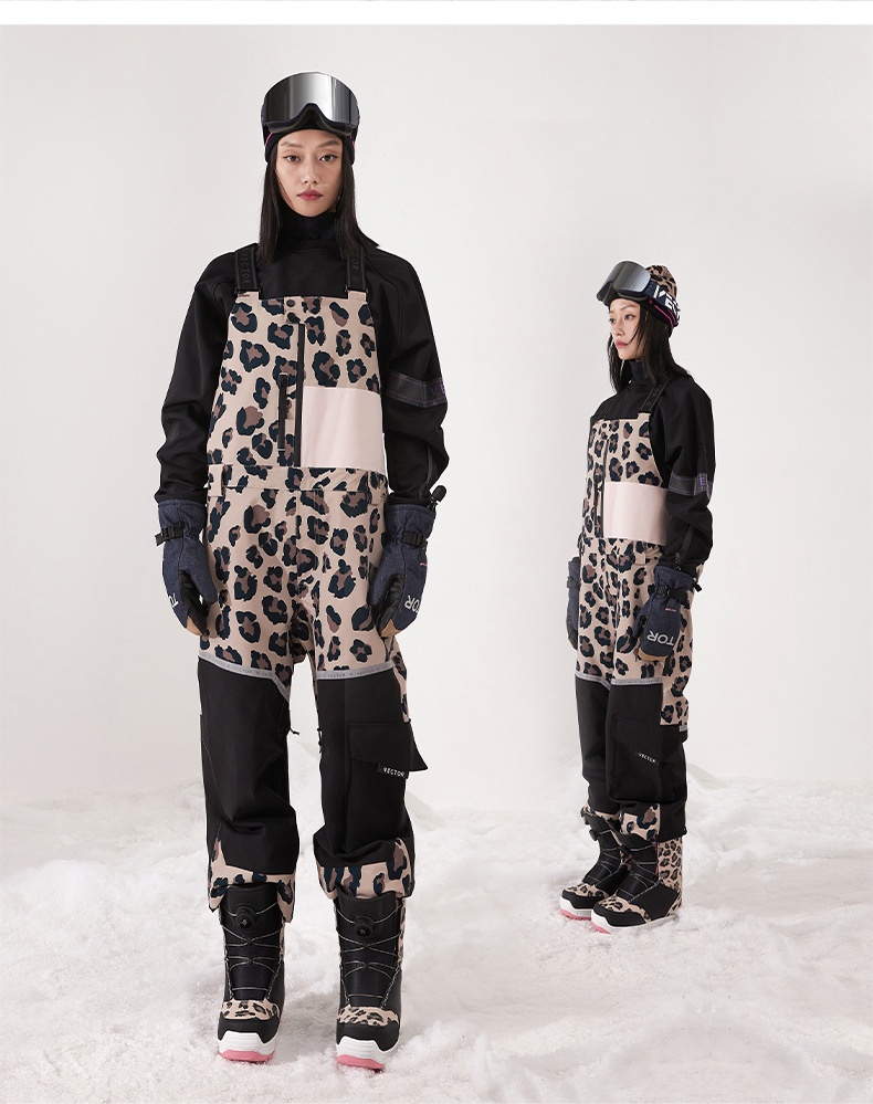 001 VECTOR Overalls Ski Leopard Print Color Block Warm Waterproof Windproof New Sports Outdoor Suspender Pants_voghion.com