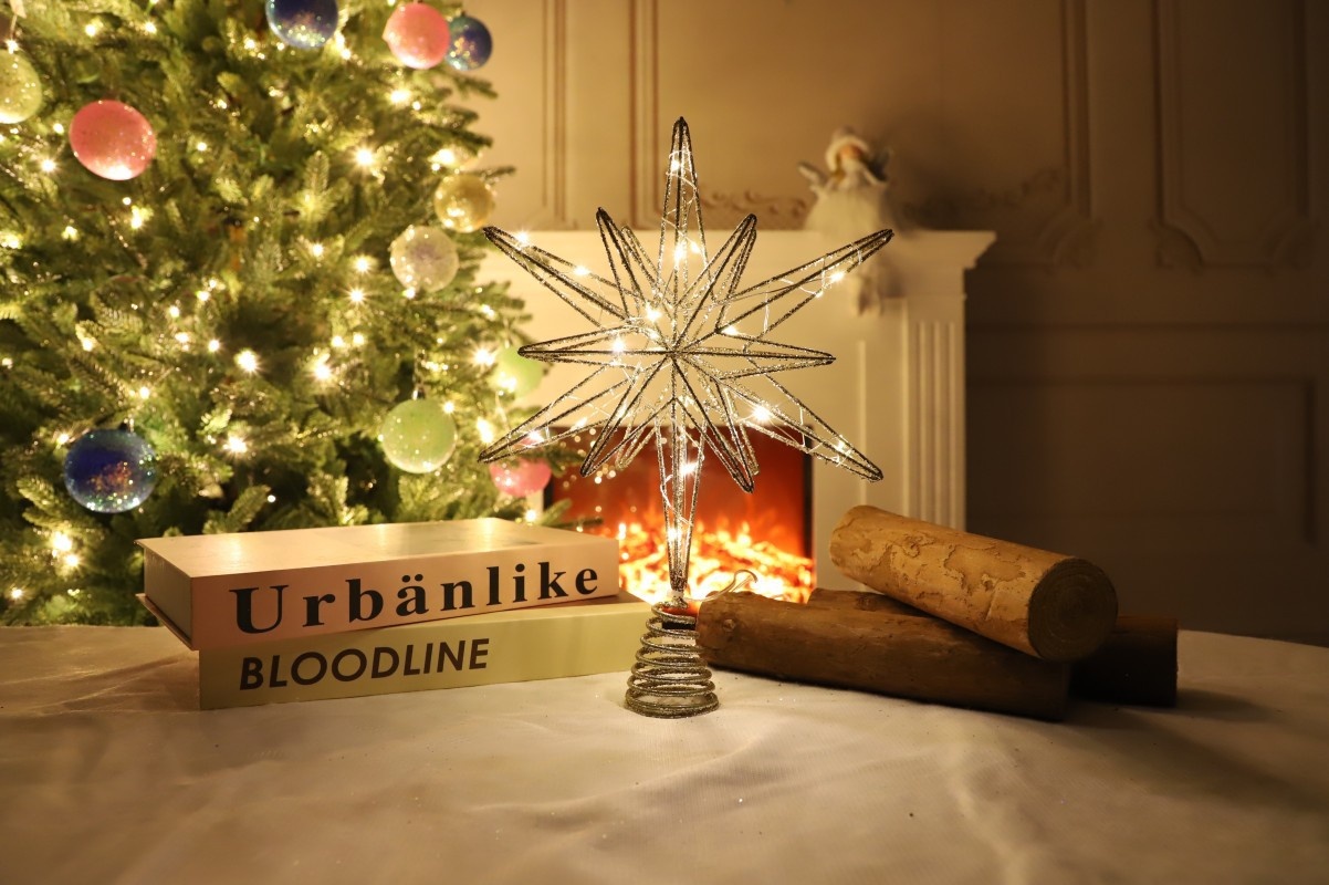Étoile de Noël Lillian 20 cm 3D saupoudrée de poudre, petite étoile à cinq branches, accessoire de décoration pour sapin._voghion.com