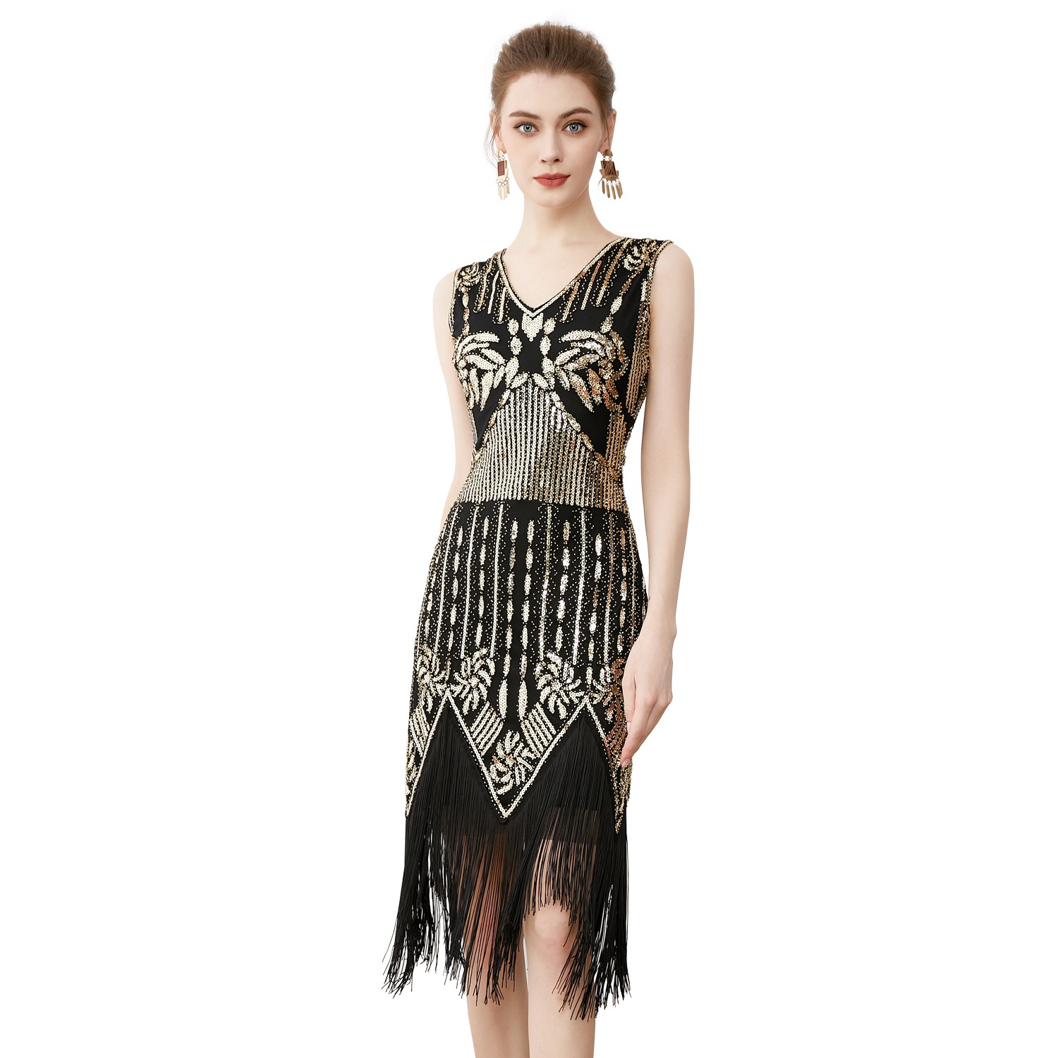 ChicShe European And American Retro Gatsby Ball Gown V-neck Sequin Beaded Embroidery Tassel Vest Plus Size Dress_voghion.com