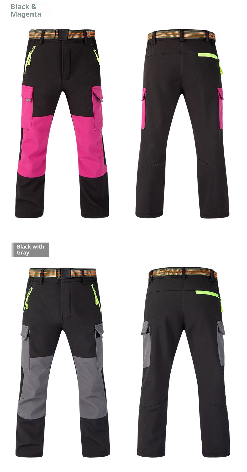 001 Children's Autumn Winter Softshell Boys Girls Students School Color Block Reflective Windproof Waterproof Warm Ski Pants_voghion.com