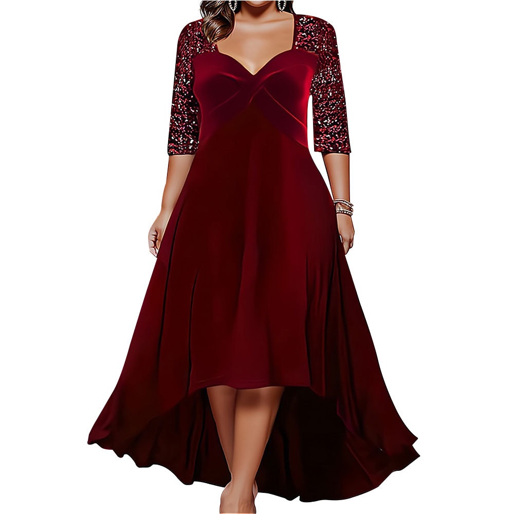 ChicShe Cross-Border New European And American Style Solid Color V-Neck Sleeve Sequin Flared 2023 Autumn Winter Plus Size_voghion.com