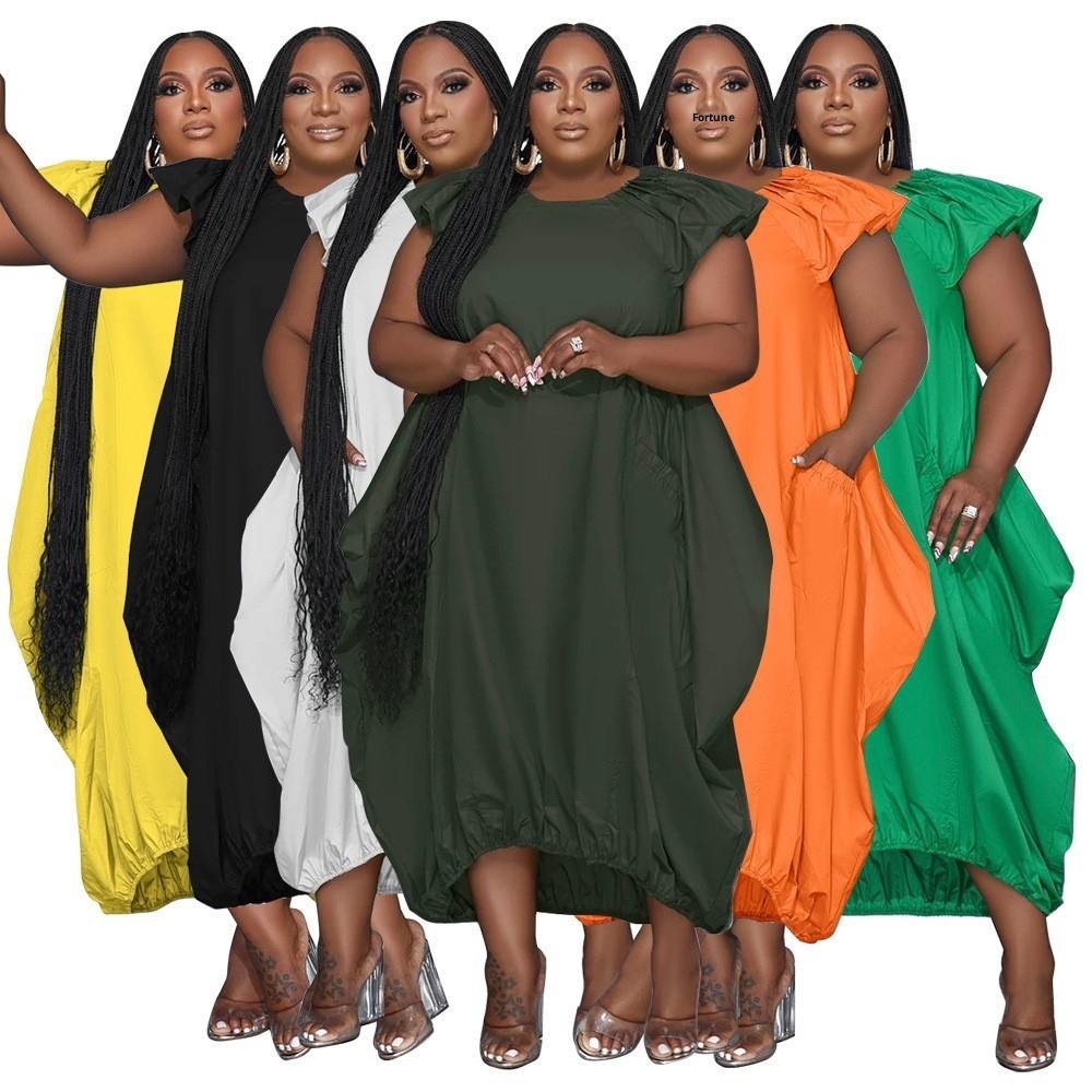 ChicShe N7834 Cross-Border Source European And American Fashion Plus Size Women's Solid Color Double Pocket Loose Dress_voghion.com