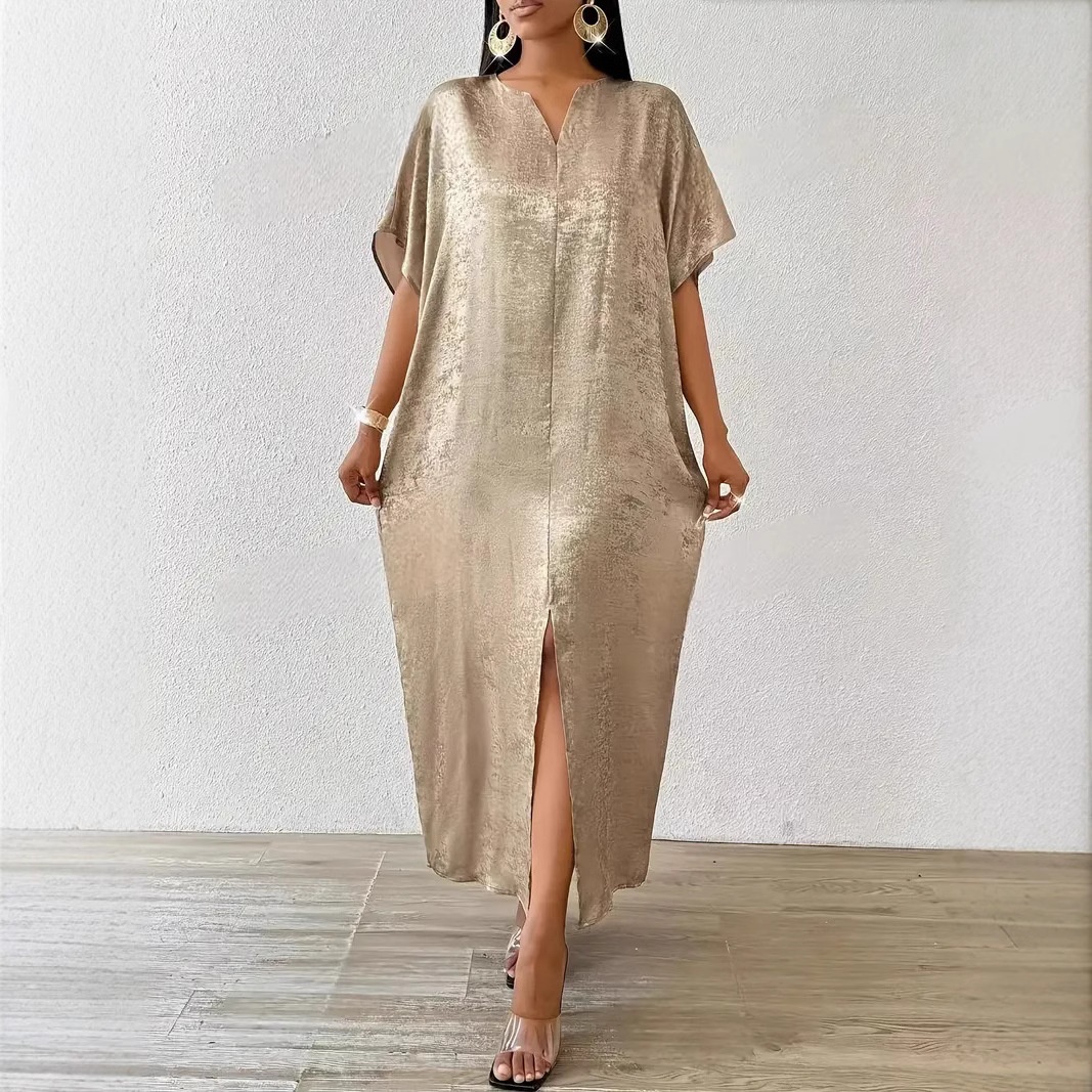 ChicShe Elegant Gold V-Neck Split Long Robe Dress High Waist Fashionable Temperament Plus Size Women's Clothing_voghion.com