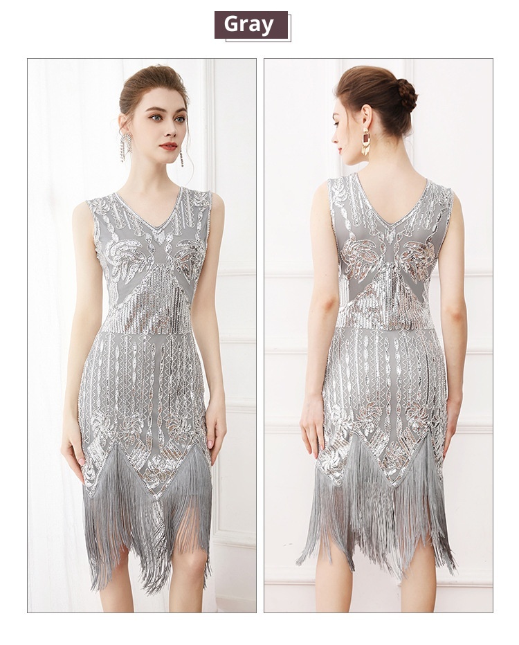 ChicShe European And American Retro Gatsby Ball Gown V-neck Sequin Beaded Embroidery Tassel Vest Plus Size Dress_voghion.com