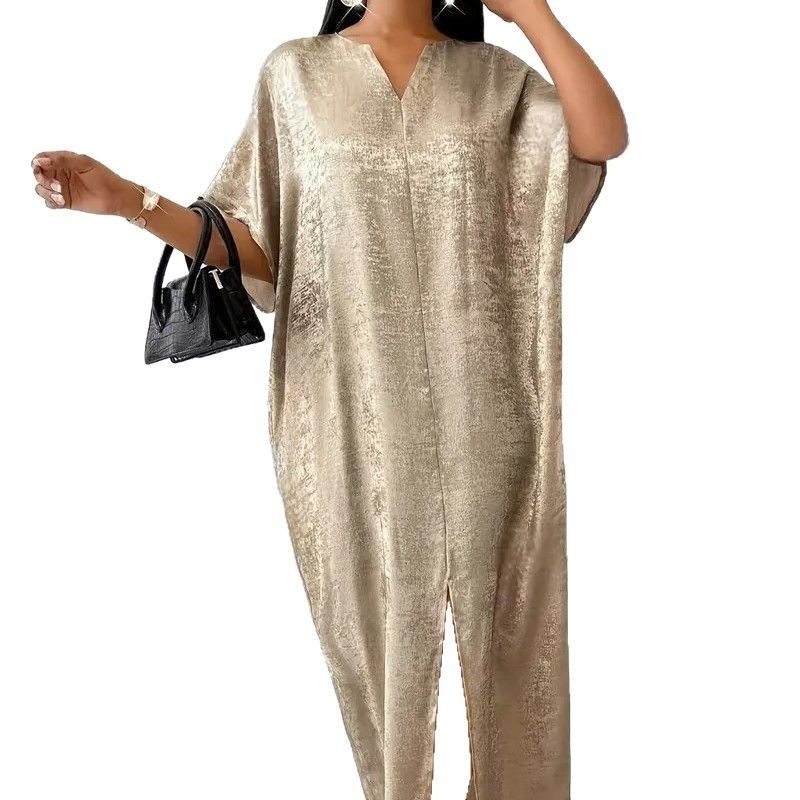 ChicShe Elegant Gold V-Neck Split Long Robe Dress High Waist Fashionable Temperament Plus Size Women's Clothing_voghion.com