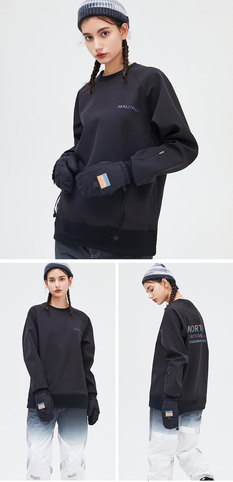 001 Bluza z kapturem, wiatroszczelna, wodoodporna, snowboardowa, narciarska, dla kobiet i mężczyzn, z okrągłym dekoltem, z kolorowym odblaskowym polarem, modne spodnie z szelkami_voghion.com