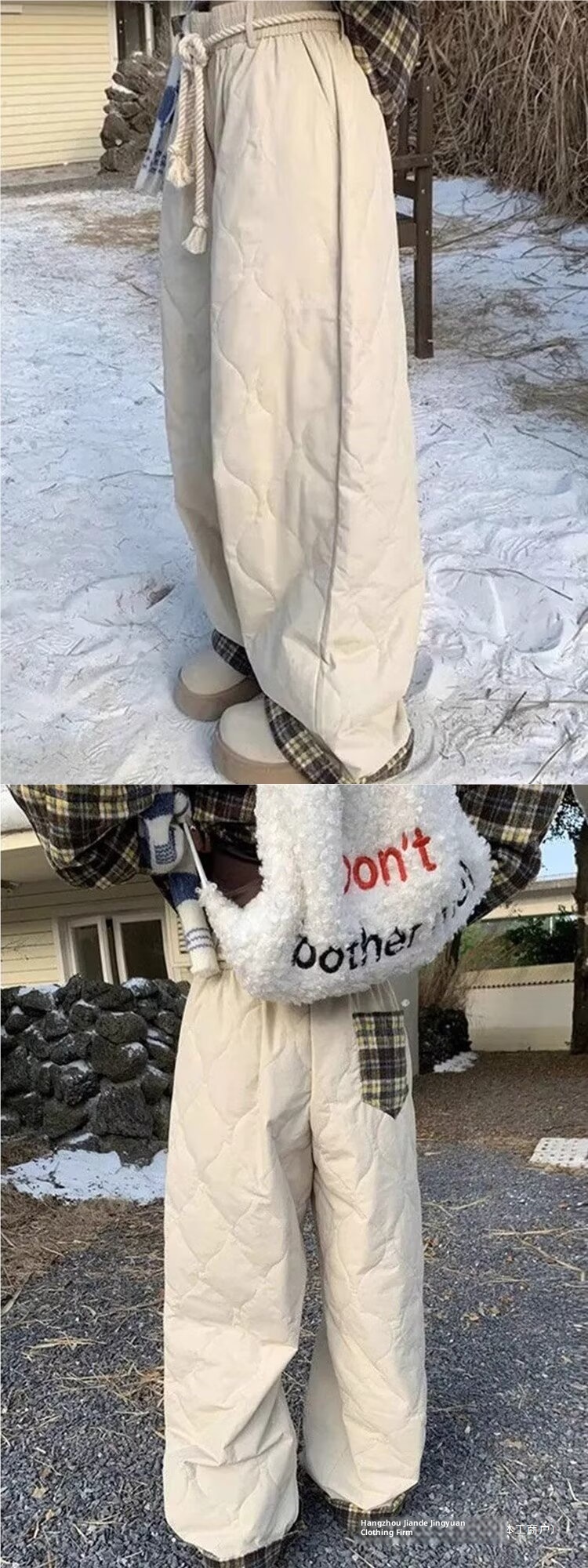 Pantalones de esquí holgados de algodón estilo americano, estilo informal, con cintura elástica, bloques de color, resistentes al viento y pernera ancha, para otoño e invierno._voghion.com