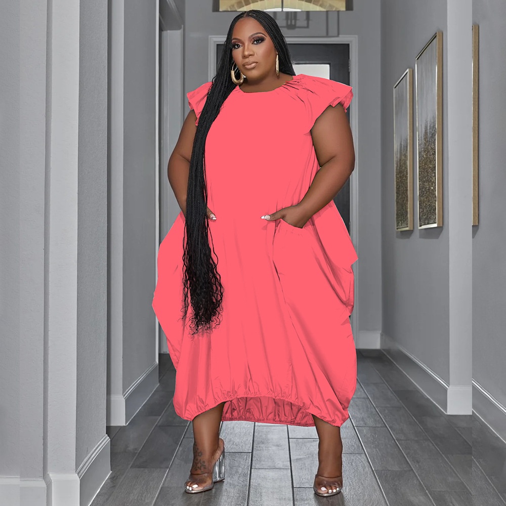 ChicShe N7834 Cross-Border Source European And American Fashion Plus Size Women's Solid Color Double Pocket Loose Dress_voghion.com