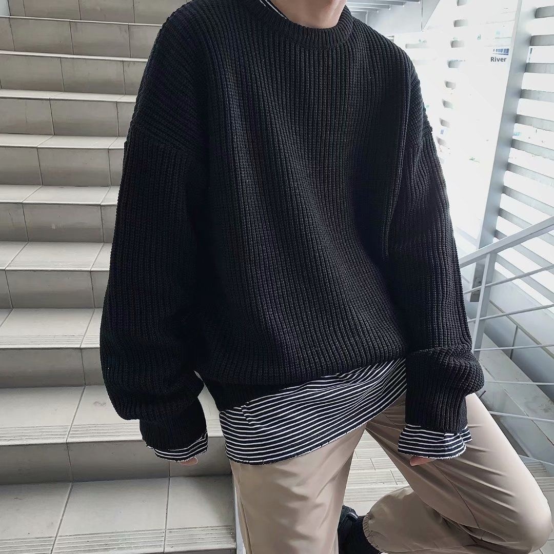boy Boy Boy Round Neck Sweater Men 2025 New Autumn Winter Inner Layer Base Knitwear Loose Thickened Ins Korean Style Trendy_voghion.com