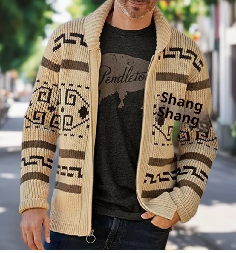 Herrenmode Herbst und Winter: Lässige Strickjacke mit Umlegekragen, langen Ärmeln und schmaler Passform, Jacquard-Strickmuster_voghion.com