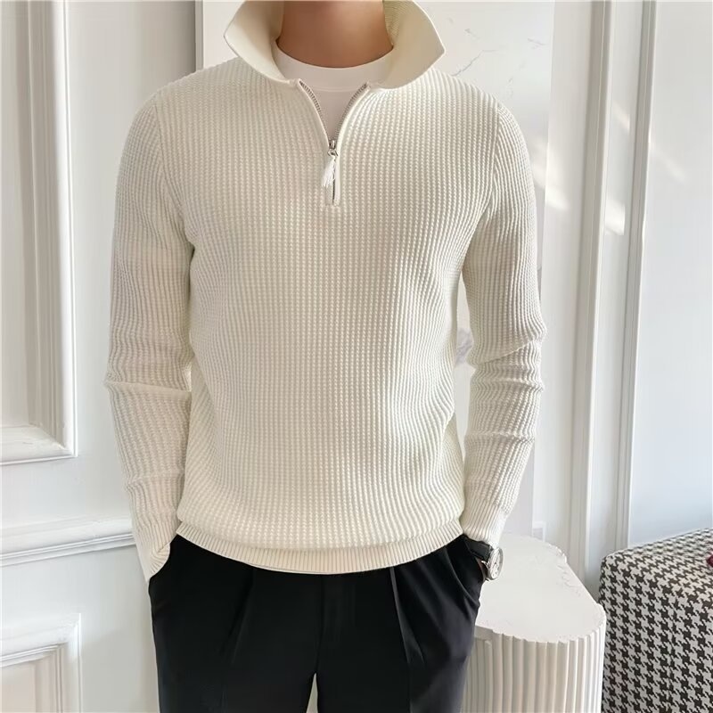 Maglione da uomo in stile britannico, a maniche lunghe, con mezza zip e colletto polo, in tessuto a nido d'ape, vestibilità slim, tinta unita_voghion.com
