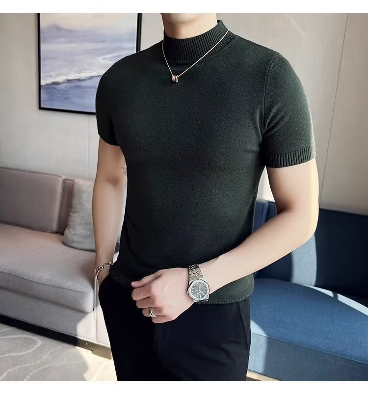 boy Boy Boy Autumn Winter Knit Short Turtleneck Slim Fit Inner Sweater Men's Half Sleeve Base Shirt Solid Color Warm Top_voghion.com
