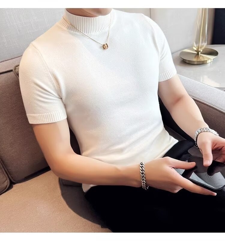 boy Boy Boy Autumn Winter Knit Short Turtleneck Slim Fit Inner Sweater Men's Half Sleeve Base Shirt Solid Color Warm Top_voghion.com
