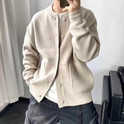 boy Boy Boy Japanese Wool Cardigan Men's Spring And Autumn Hong Kong Style Knitted Round Neck Jacket Simple Loose Thickened Sweater_voghion.com