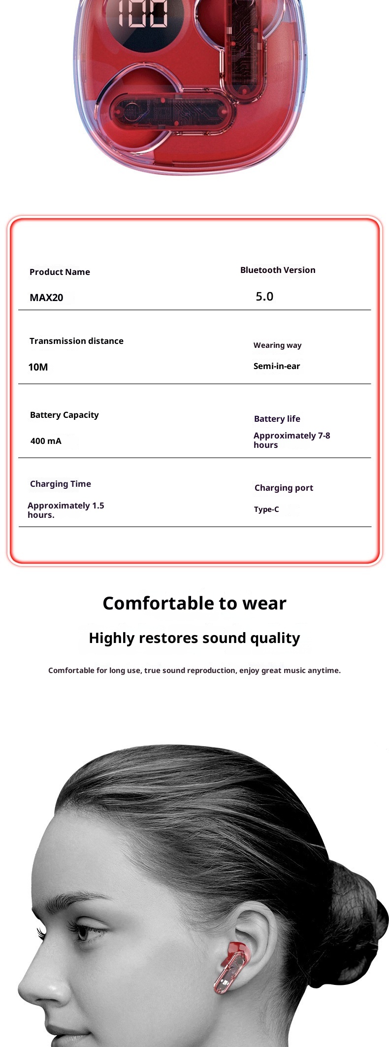 3c MAX20 Noise Cancelling Bluetooth Cross-Border Wireless TWS Private Model New Dual Mark Earphones MAX10 Ultra-Long_voghion.com