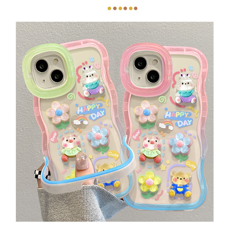 Étui TechGlobe Dual Stand Compatible iPhone 16, 13, 3D Ours Fleur Gongduozai, 15 Pro Chaîne, 12 Femmes X_voghion.com