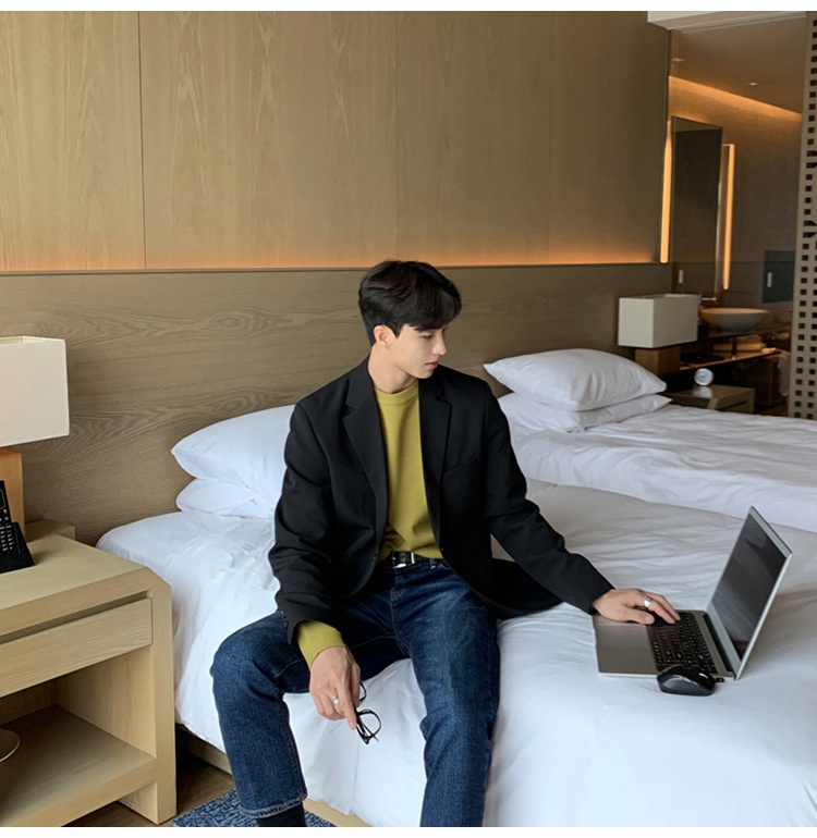 QFV507045555501<2 QFV507045555501<2 Chaqueta corta informal para hombre, estilo coreano, traje moderno Dongdaemun, blazer corto negro holgado de otoño_voghion.com