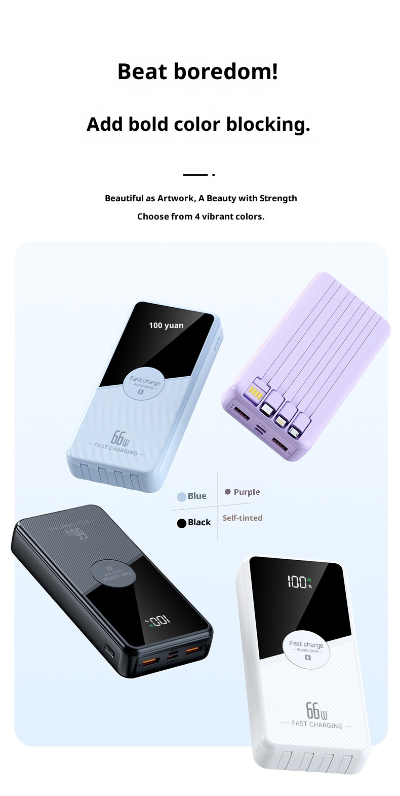 techglobe 66w Super Fast Charging Power Bank With Built-in Cable 2w Milliamp Large Capacity Convenient Portable Charger Gift_voghion.com