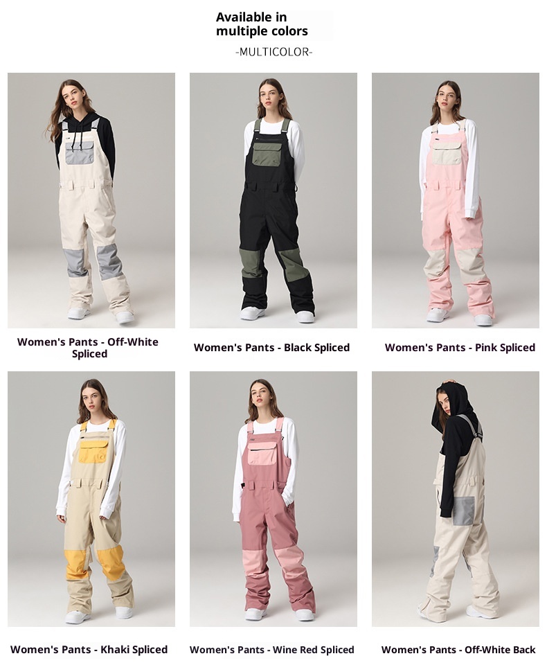001 Snowy Style Single Board Strap Pants Windproof Waterproof Color-Block Suit One-Piece Unisex Outdoor Ski Gear_voghion.com