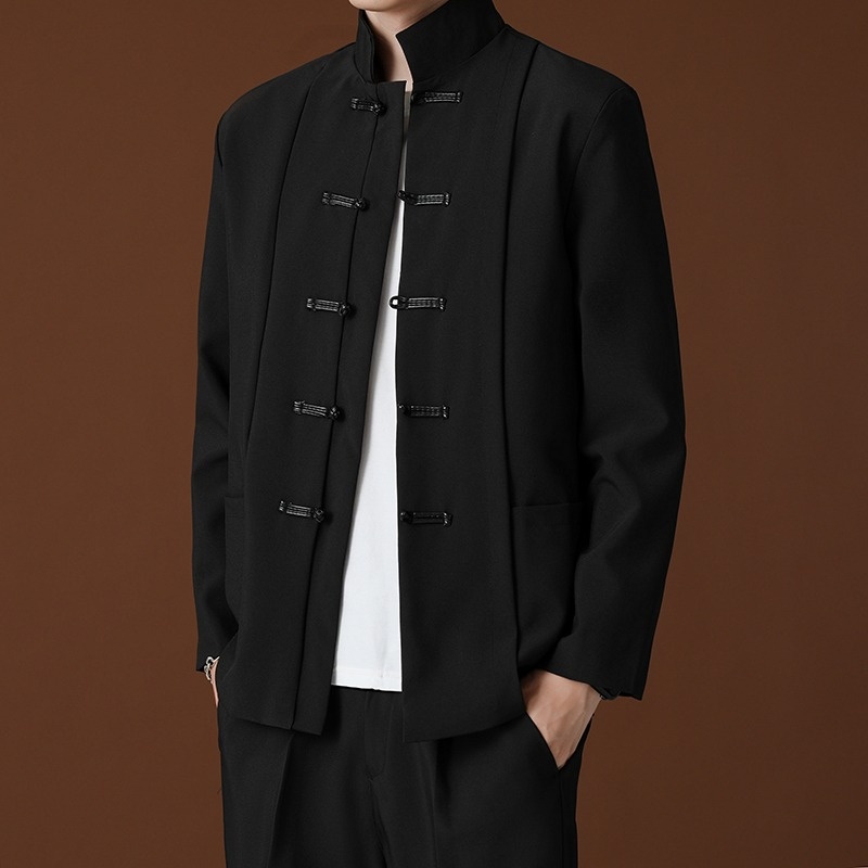 QFV507045555501<2 QFV507045555501<2 Blazer negro de cuello alto estilo chino, de alta gama, corte holgado, estilo nacional Tang, uniforme Zhongshan._voghion.com