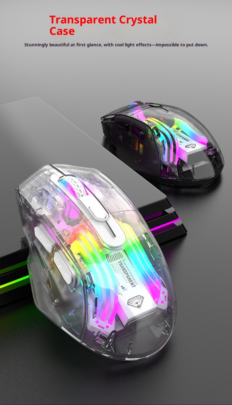 Techglobe Imperial Leopard Q19 Mouse da gioco trasparente con illuminazione RGB per laptop e desktop, con ricarica Bluetooth wireless a tre modalità_voghion.com