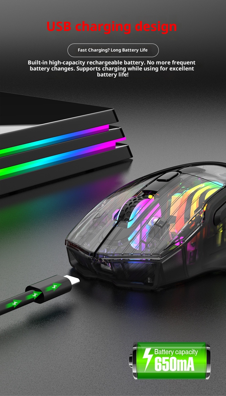 Techglobe Imperial Leopard Q19 Mouse da gioco trasparente con illuminazione RGB per laptop e desktop, con ricarica Bluetooth wireless a tre modalità_voghion.com