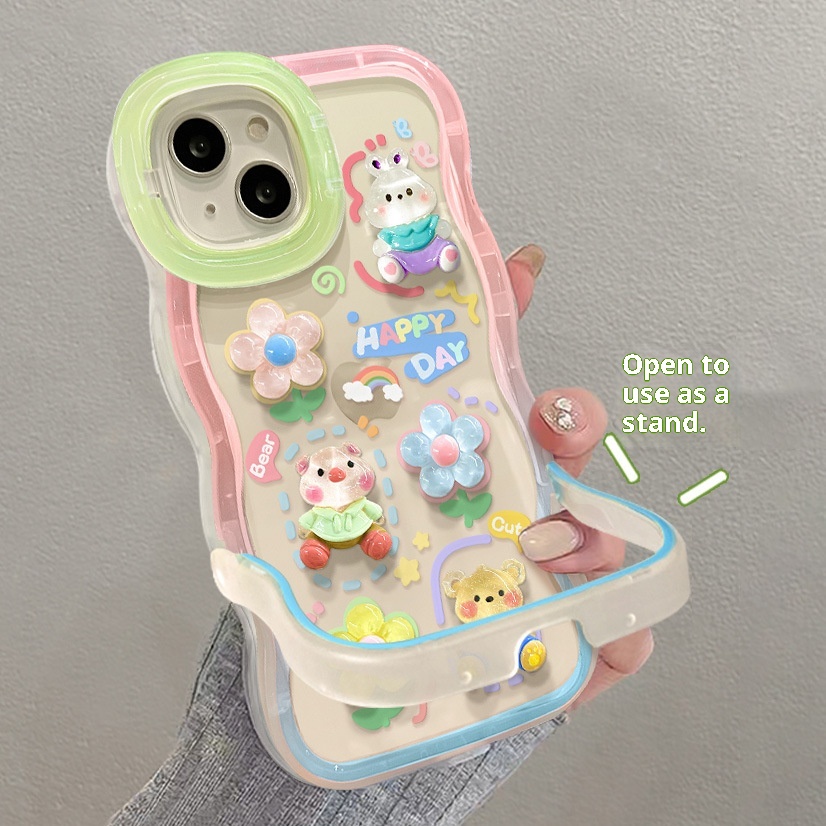 Étui TechGlobe Dual Stand Compatible iPhone 16, 13, 3D Ours Fleur Gongduozai, 15 Pro Chaîne, 12 Femmes X_voghion.com