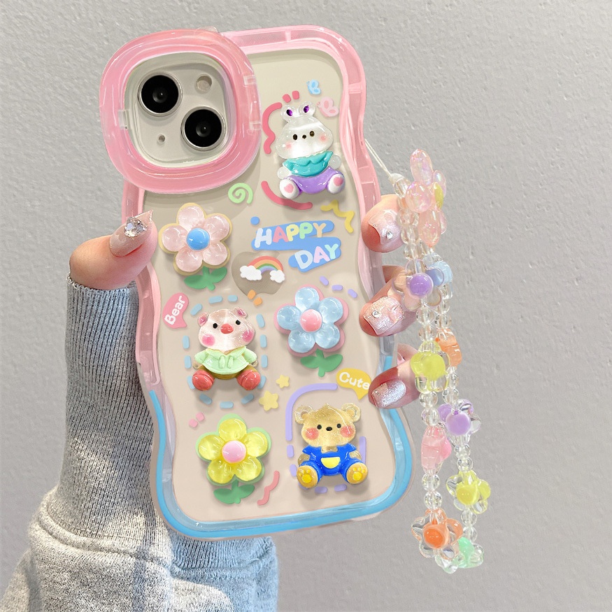 Étui TechGlobe Dual Stand Compatible iPhone 16, 13, 3D Ours Fleur Gongduozai, 15 Pro Chaîne, 12 Femmes X_voghion.com