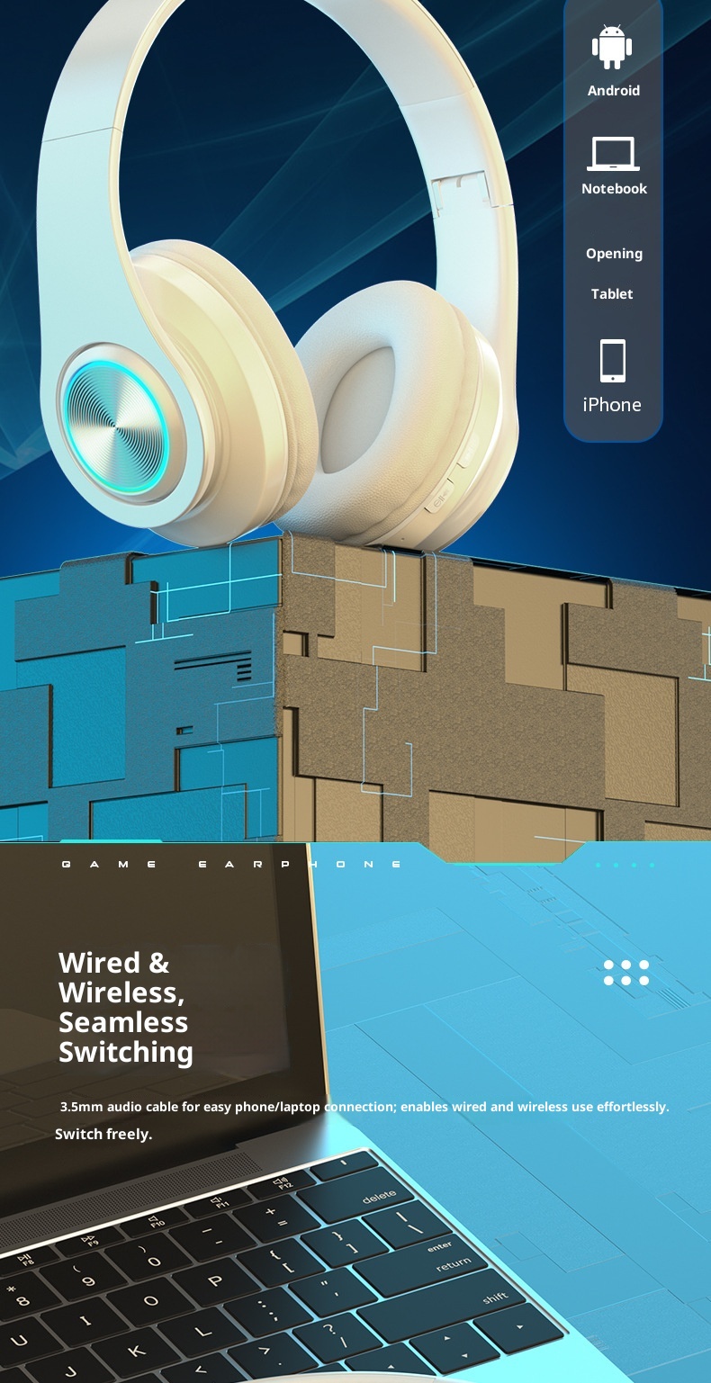 3c Cross-border Hot-Seller Bluetooth-Kopfhörer mit Beleuchtung, Over-Ear, kräftigem Bass, kabellos, ideal für Sport und Gaming – das perfekte Geschenk!_voghion.com