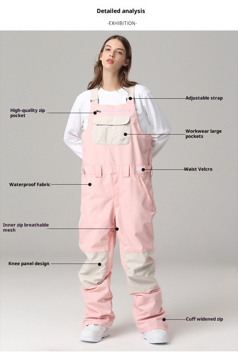 001 Snowy Style Single Board Strap Pants Windproof Waterproof Color-Block Suit One-Piece Unisex Outdoor Ski Gear_voghion.com