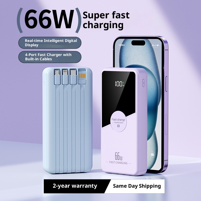 techglobe 66w Super Fast Charging Power Bank With Built-in Cable 2w Milliamp Large Capacity Convenient Portable Charger Gift_voghion.com