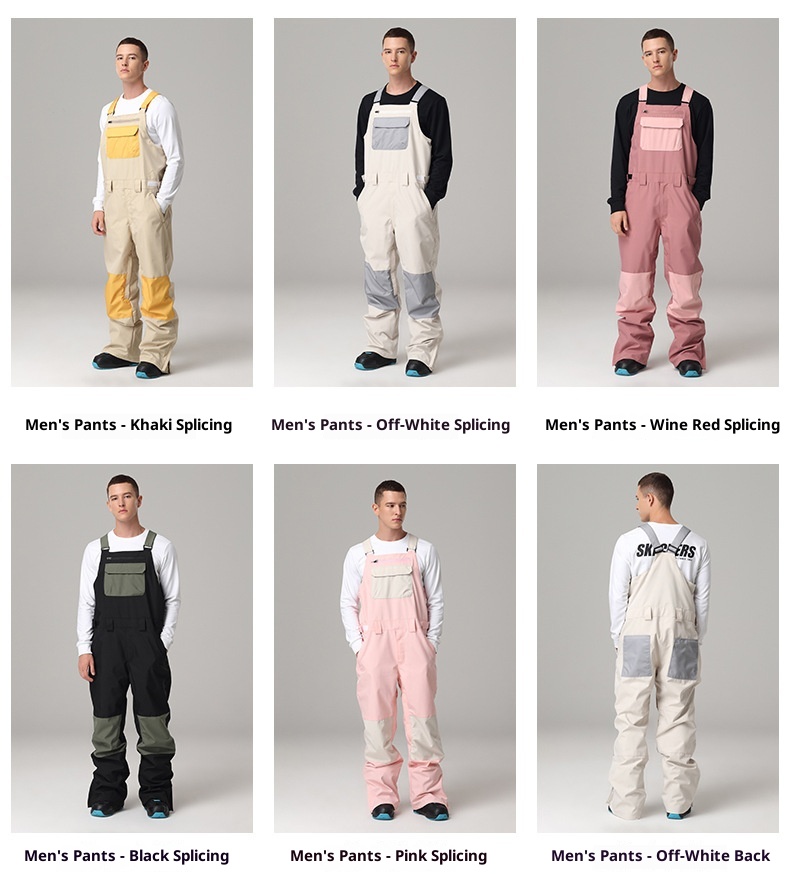 001 Snowy Style Single Board Strap Pants Windproof Waterproof Color-Block Suit One-Piece Unisex Outdoor Ski Gear_voghion.com