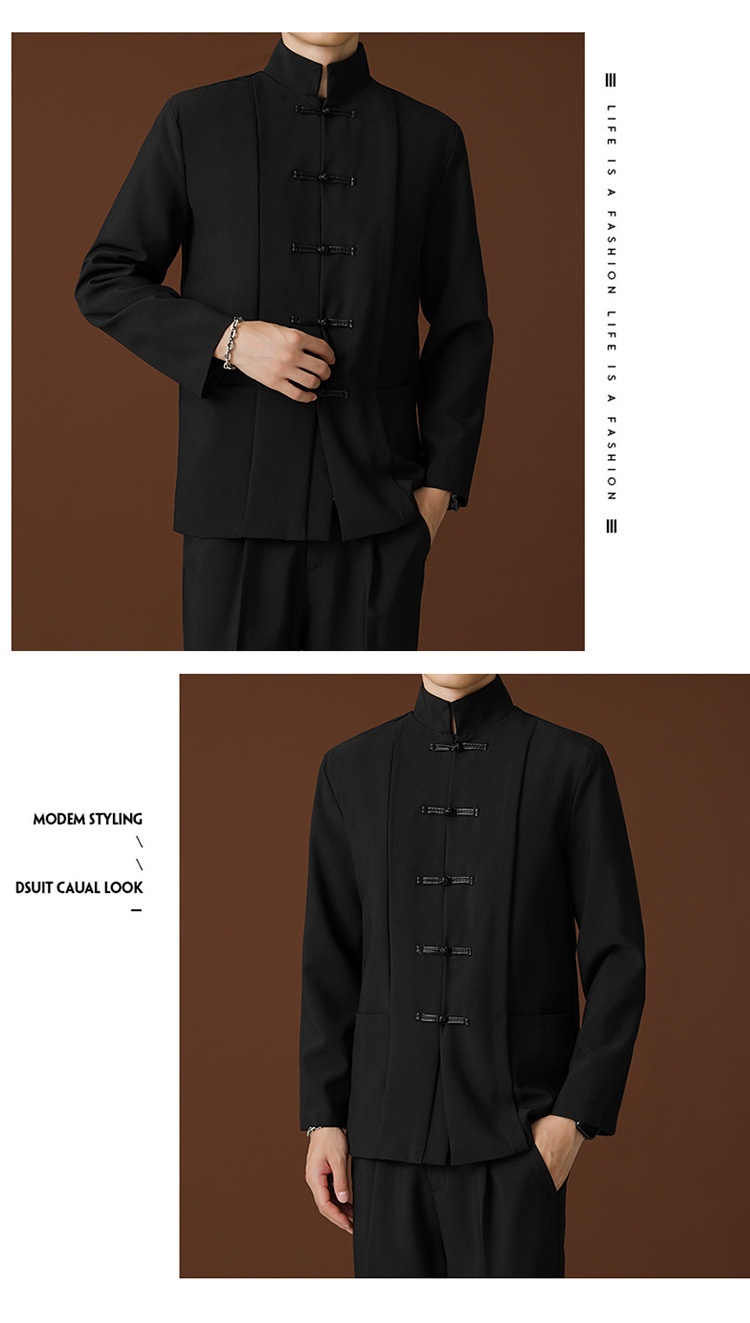 QFV507045555501<2 QFV507045555501<2 Blazer negro de cuello alto estilo chino, de alta gama, corte holgado, estilo nacional Tang, uniforme Zhongshan._voghion.com