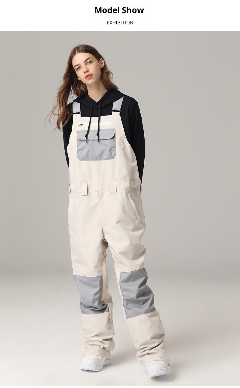 001 Snowy Style Single Board Strap Pants Windproof Waterproof Color-Block Suit One-Piece Unisex Outdoor Ski Gear_voghion.com