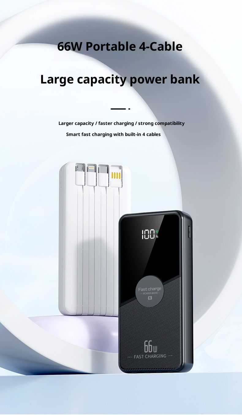 techglobe 66w Super Fast Charging Power Bank With Built-in Cable 2w Milliamp Large Capacity Convenient Portable Charger Gift_voghion.com