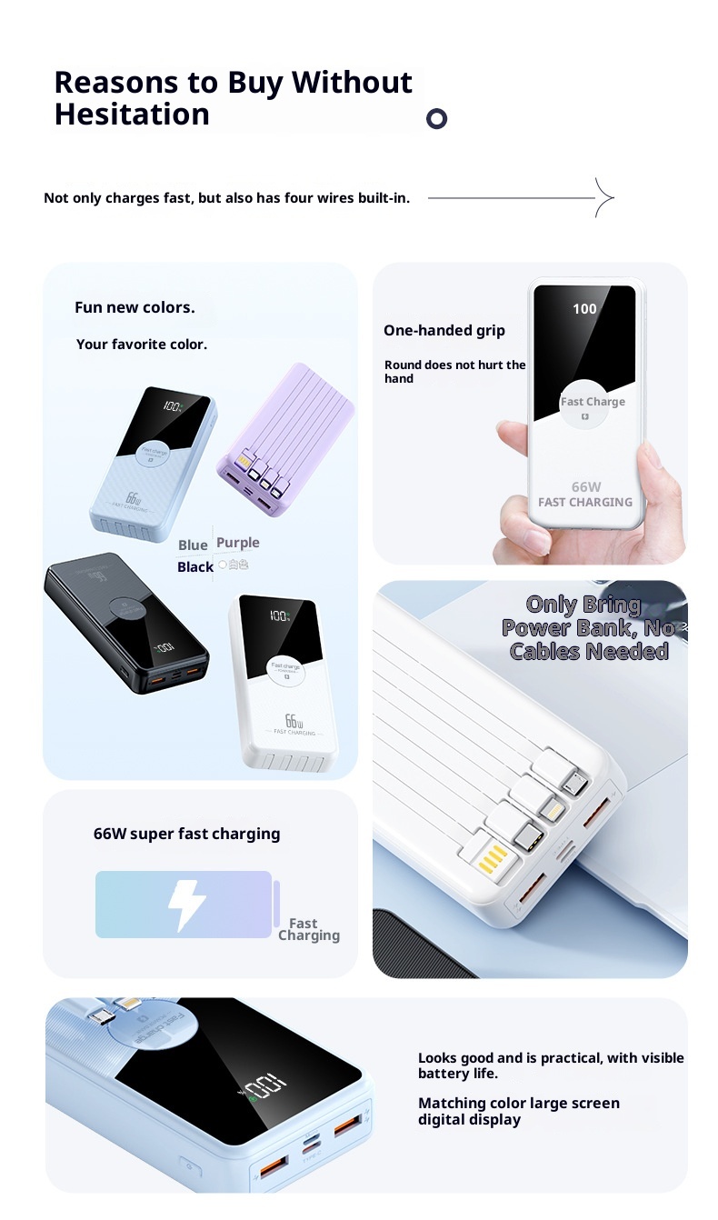 techglobe 66w Super Fast Charging Power Bank With Built-in Cable 2w Milliamp Large Capacity Convenient Portable Charger Gift_voghion.com