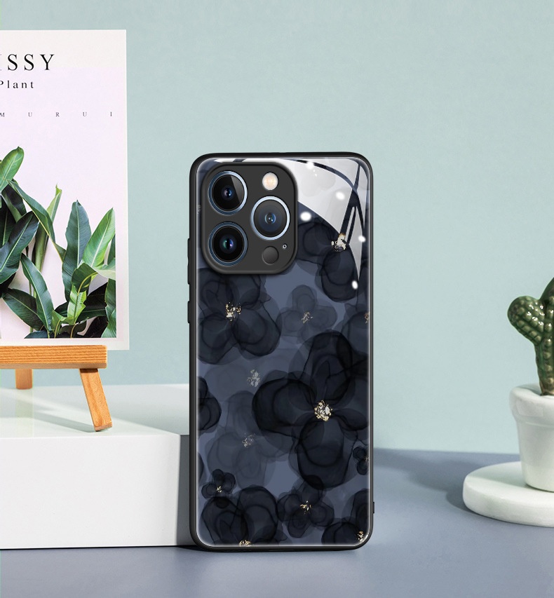 TechGlobe Ink Flower Schutzhülle aus Glas, kompatibel mit iPhone 15 und iPhone 16 Pro Max, bietet umfassenden Schutz vor Stürzen und ist ein beliebtes Produkt._voghion.com