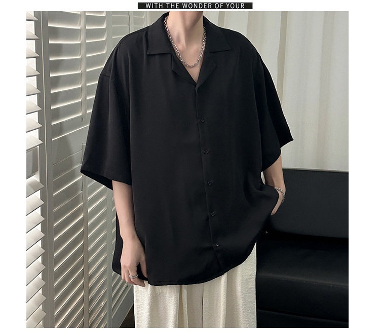 ForMen Cuban Collar Men Short Summer Ice Silk Draped Men's Loose Handsome Black Fashion Half Sleeve Casual Shirt_voghion.com