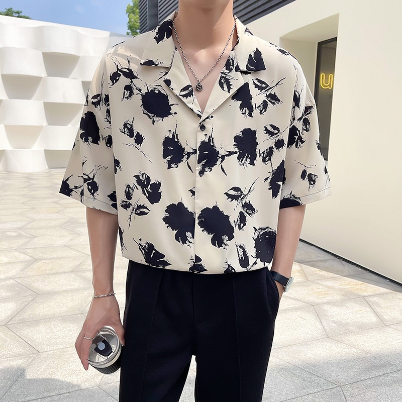 ForMen Light Mature Style Men's Ice Silk Draped Short Sleeve Summer Trendy Loose Cuban Collar Floral Shirt_voghion.com