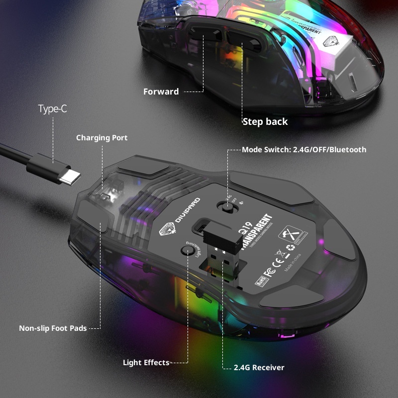 Techglobe Imperial Leopard Q19 Mouse da gioco trasparente con illuminazione RGB per laptop e desktop, con ricarica Bluetooth wireless a tre modalità_voghion.com