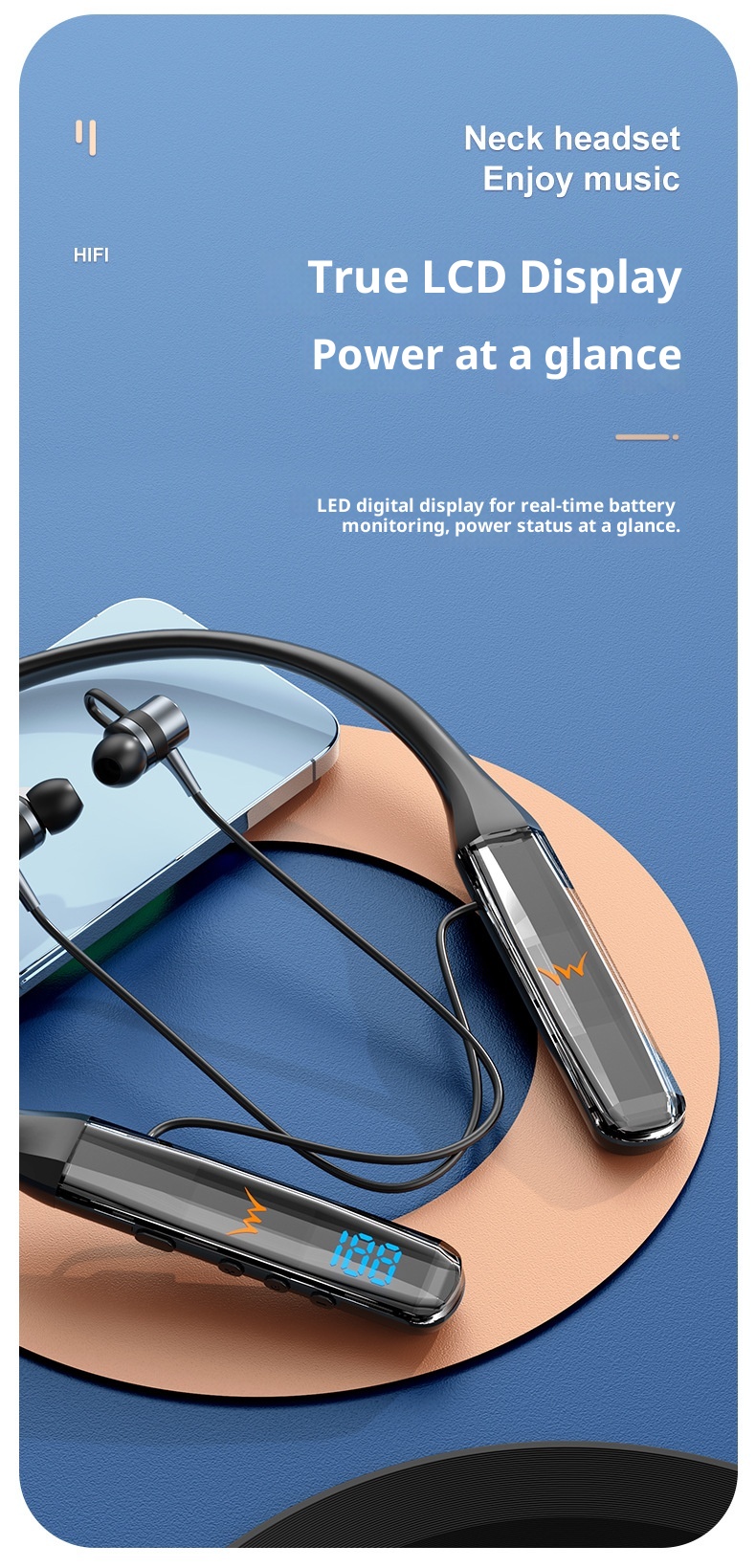 Auricolari sportivi unisex con fascia da collo e display a cristalli liquidi Bluetooth 3C wireless a lunga durata della batteria_voghion.com