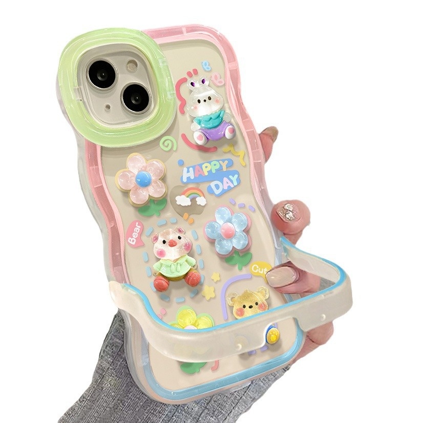 Étui TechGlobe Dual Stand Compatible iPhone 16, 13, 3D Ours Fleur Gongduozai, 15 Pro Chaîne, 12 Femmes X_voghion.com