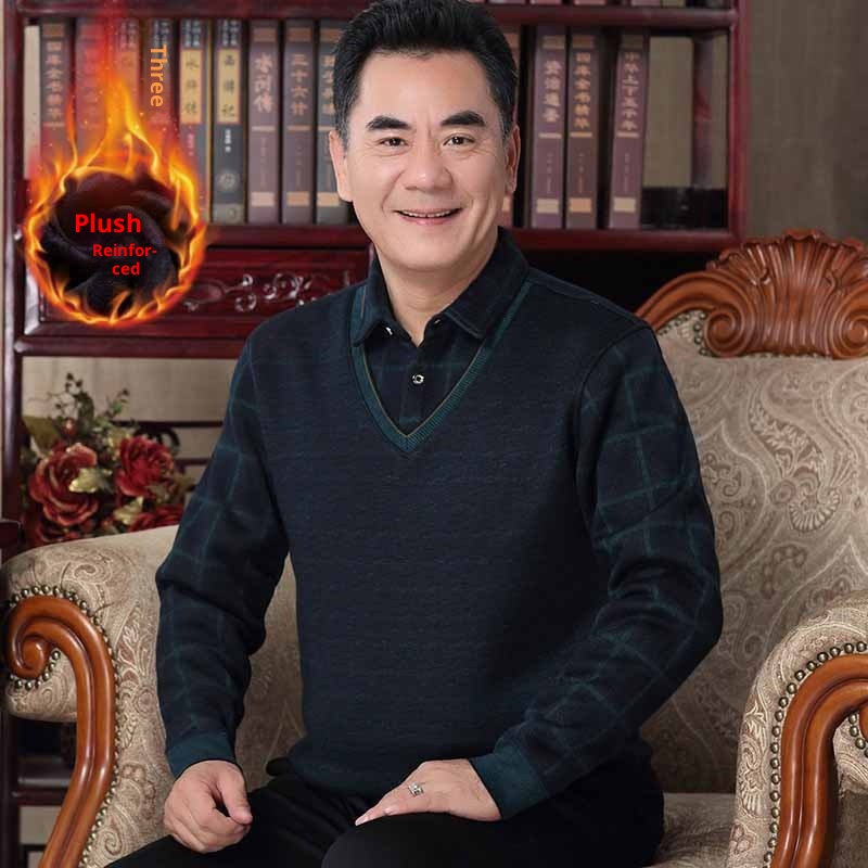 boy Boy Boy And Elderly Fleece-lined Thickened Two-piece Dad's Outfit Base Layer Thermal Clothing Middle-aged Men's Winter_voghion.com